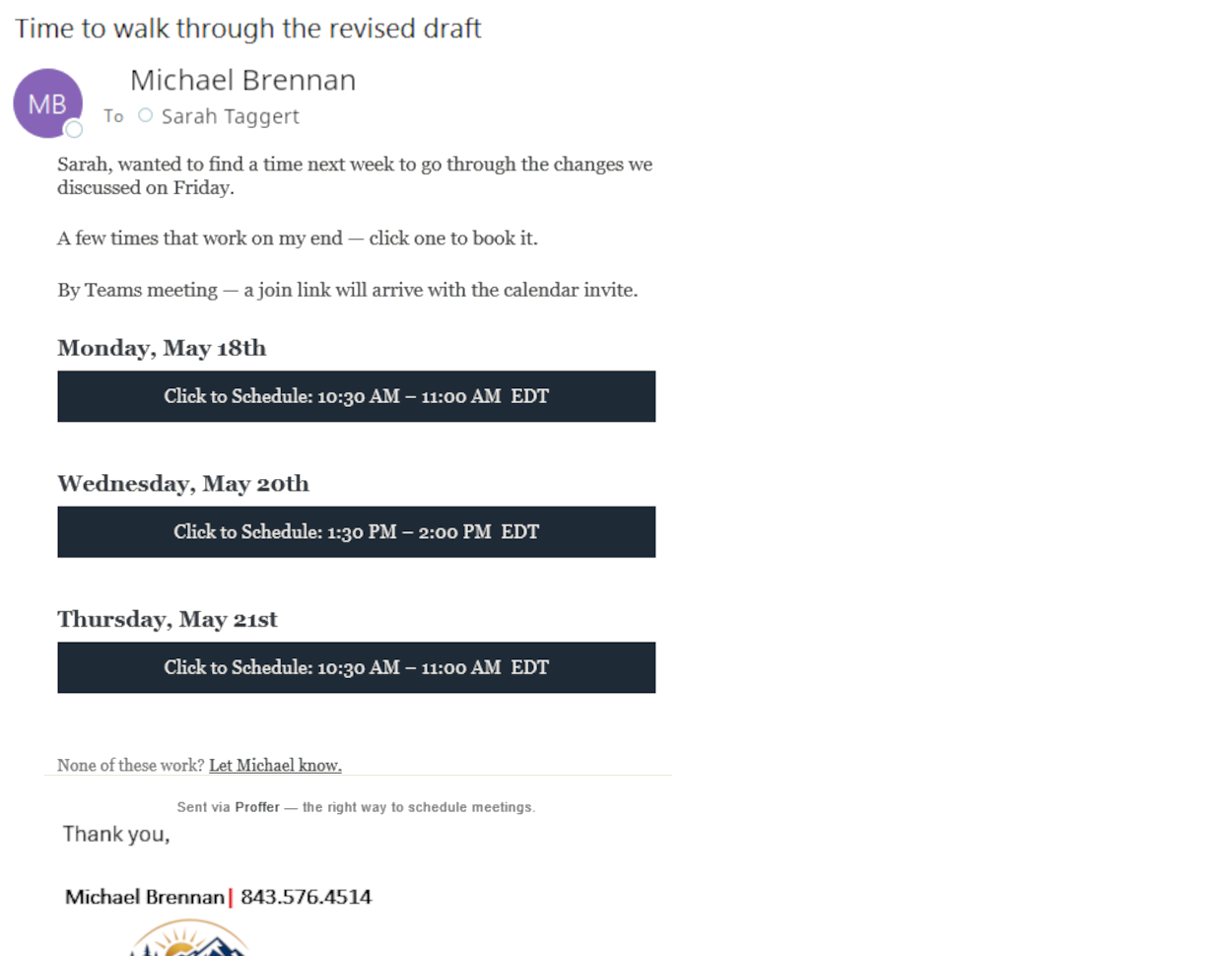 A Proffer email in the recipient's inbox, with three offered time slots.