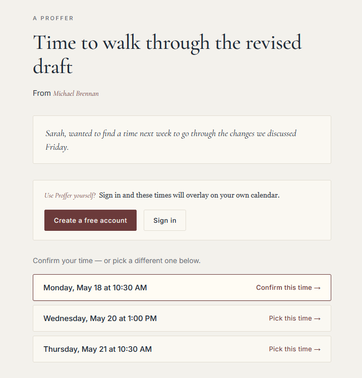 The recipient's view on Proffer — proposed times listed for one-tap booking.
