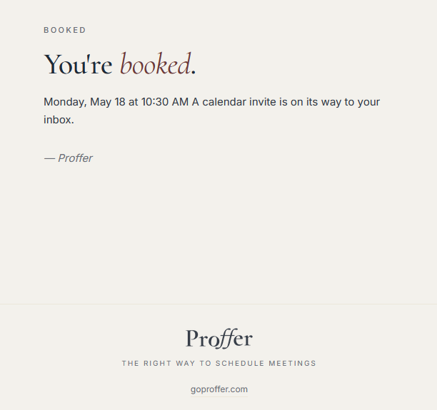 The booking confirmation — You're booked, with the time and a note that the calendar invite is on its way.